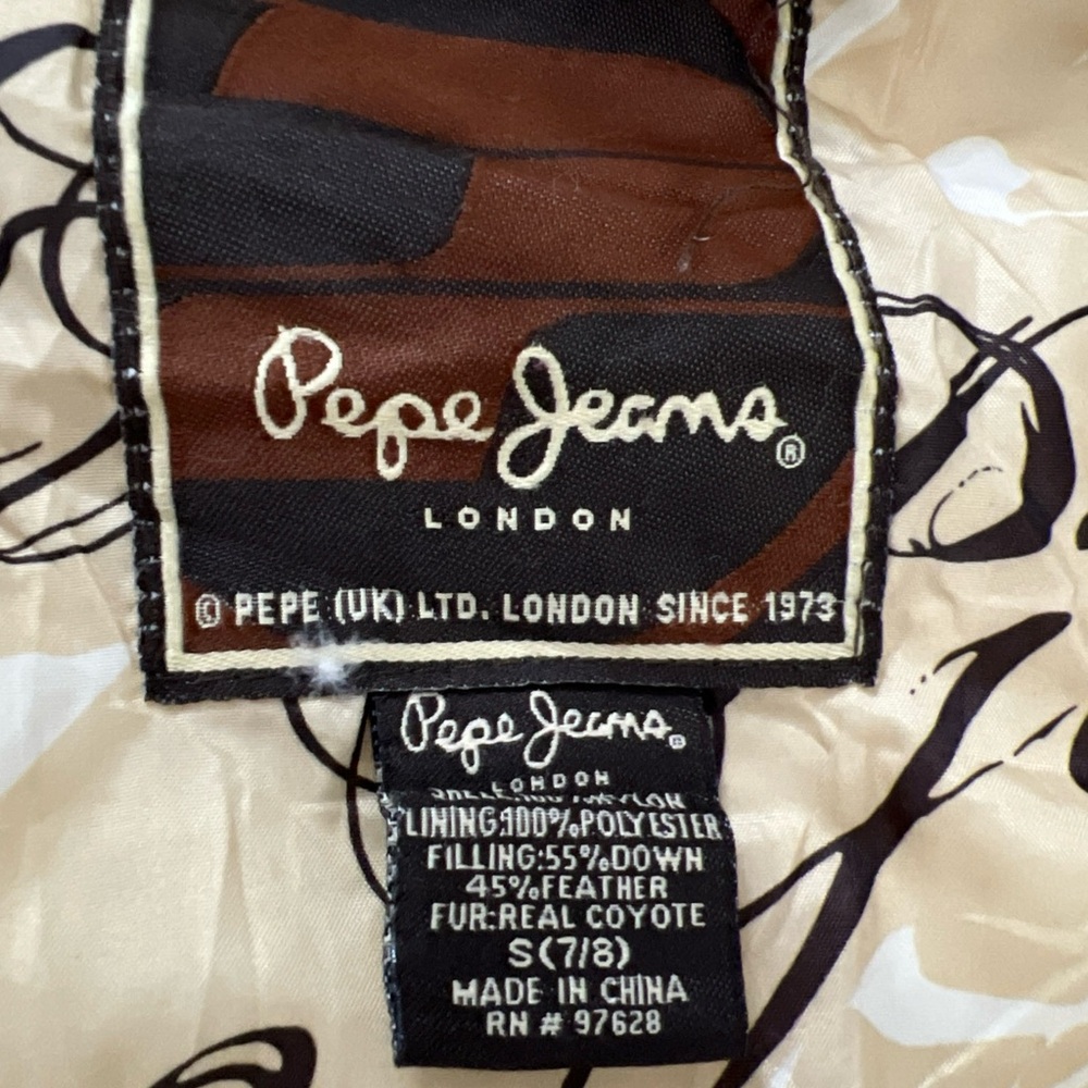 Pepe Jeans London Men’s Brown Long Down Coat Jacket S Real Coyote Fur - Picture 4 of 13